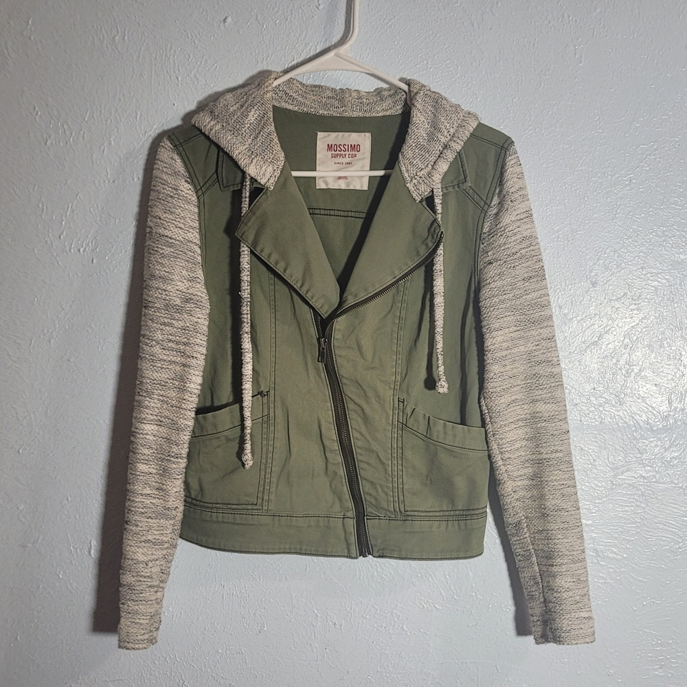 Mossimo Supply Co. Green & Gray Knit Sleeve Mixed Moto Jacket - Size S/P